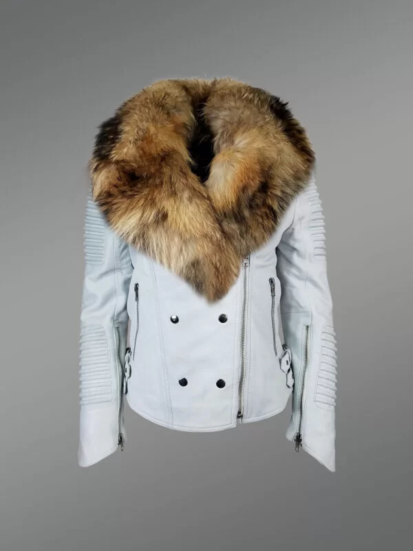 Women's Motorcycle Biker Jacket with Detachable Raccoon Fur Collar And Piped Sleeves in White
