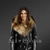 Women's Motorcycle Biker Jacket with Detachable Raccoon Fur Collar and Piped Sleeves in Black