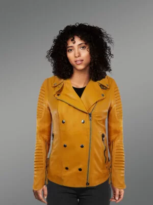 Women's Motorcycle Biker Jacket with Piped Sleeves in Yellow