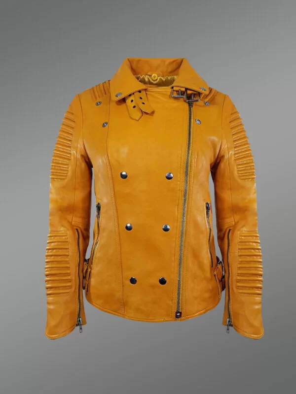 Women's Motorcycle Biker Jacket with Piped Sleeves in Yellow - Image 2