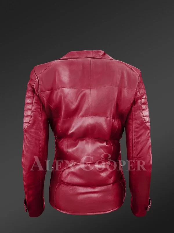 Women's Puffy Motorcycle Jacket in Wine - Image 5
