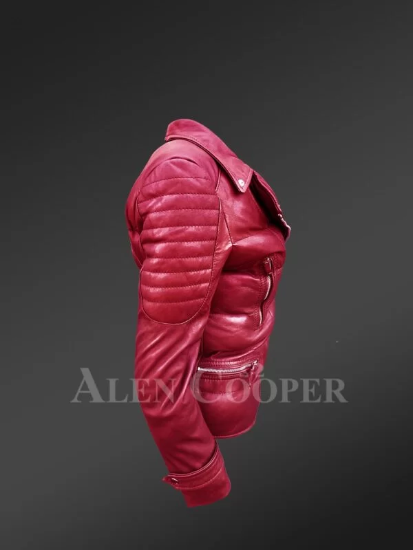 Women's Puffy Motorcycle Jacket in Wine - Image 4