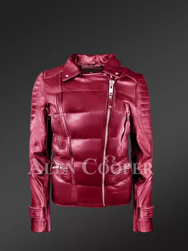 Women's Puffy Motorcycle Jacket in Wine - Image 2