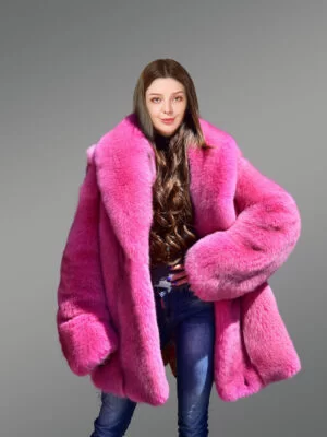 Women's Real Full Skin Fox Fur Coat in Fushia