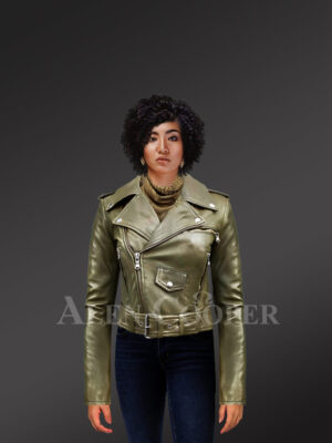 Women's Short Length Moto Jacket in Olive