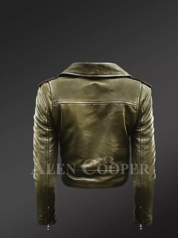 Women's Short Length Moto Jacket in Olive - Image 4