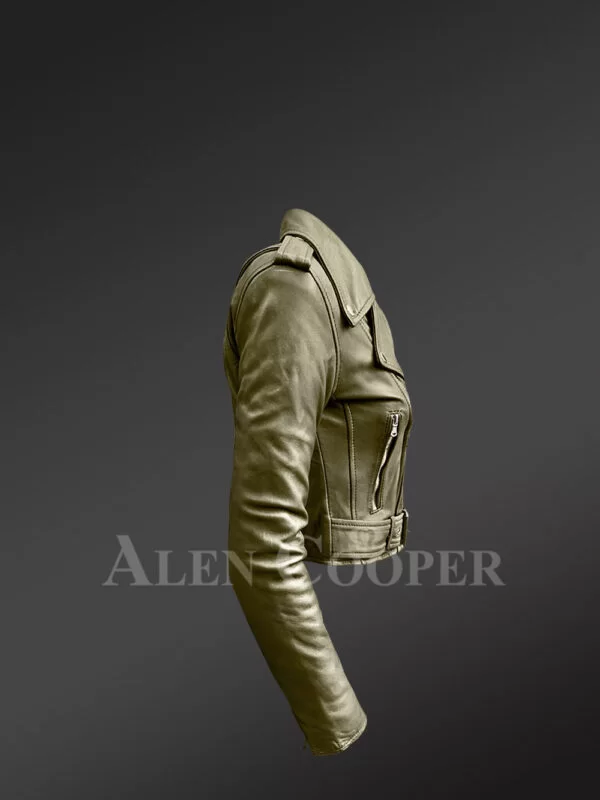 Women's Short Length Moto Jacket in Olive - Image 3