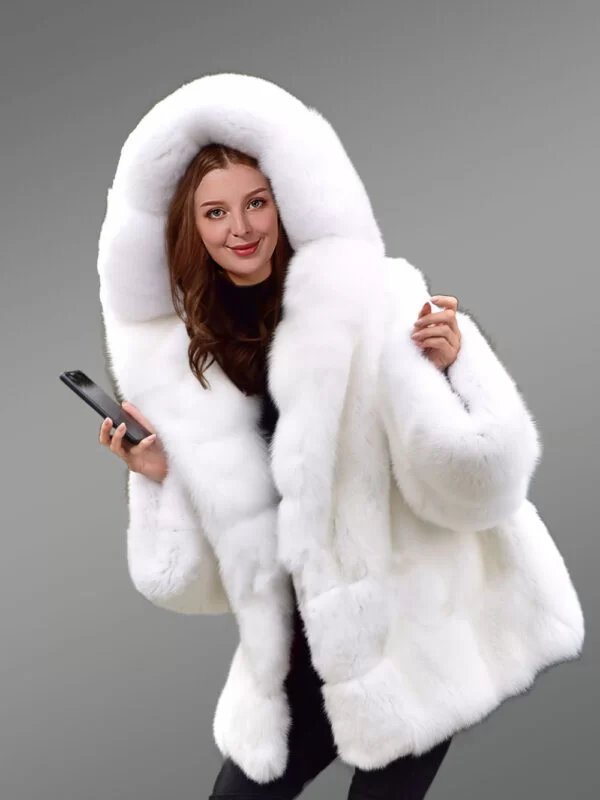 Fox Fur White Coat with Hood for A Graceful Look This Winter - Image 4