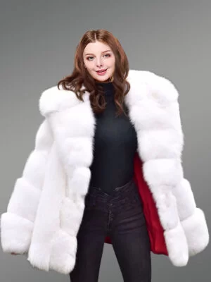 Fox Fur White Coat with Hood for A Graceful Look This Winter