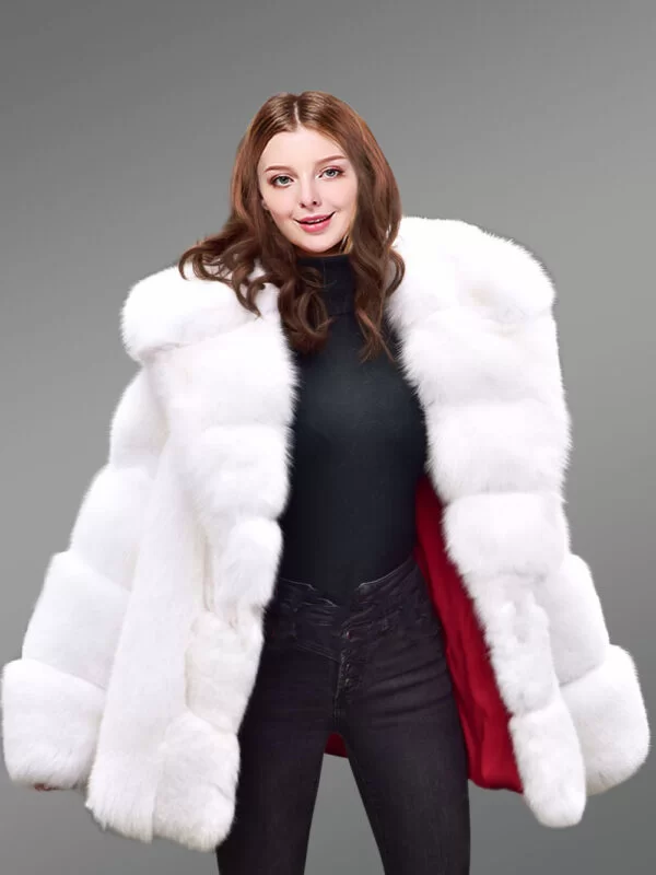 Fox Fur White Coat with Hood for A Graceful Look This Winter