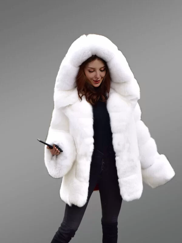Fox Fur White Coat with Hood for A Graceful Look This Winter - Image 5