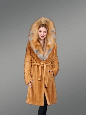 Golden Mink Fur Coat with Fox Fur Trim