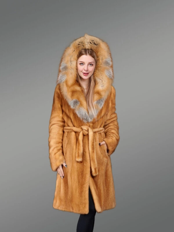 Golden Mink Fur Coat with Fox Fur Trim