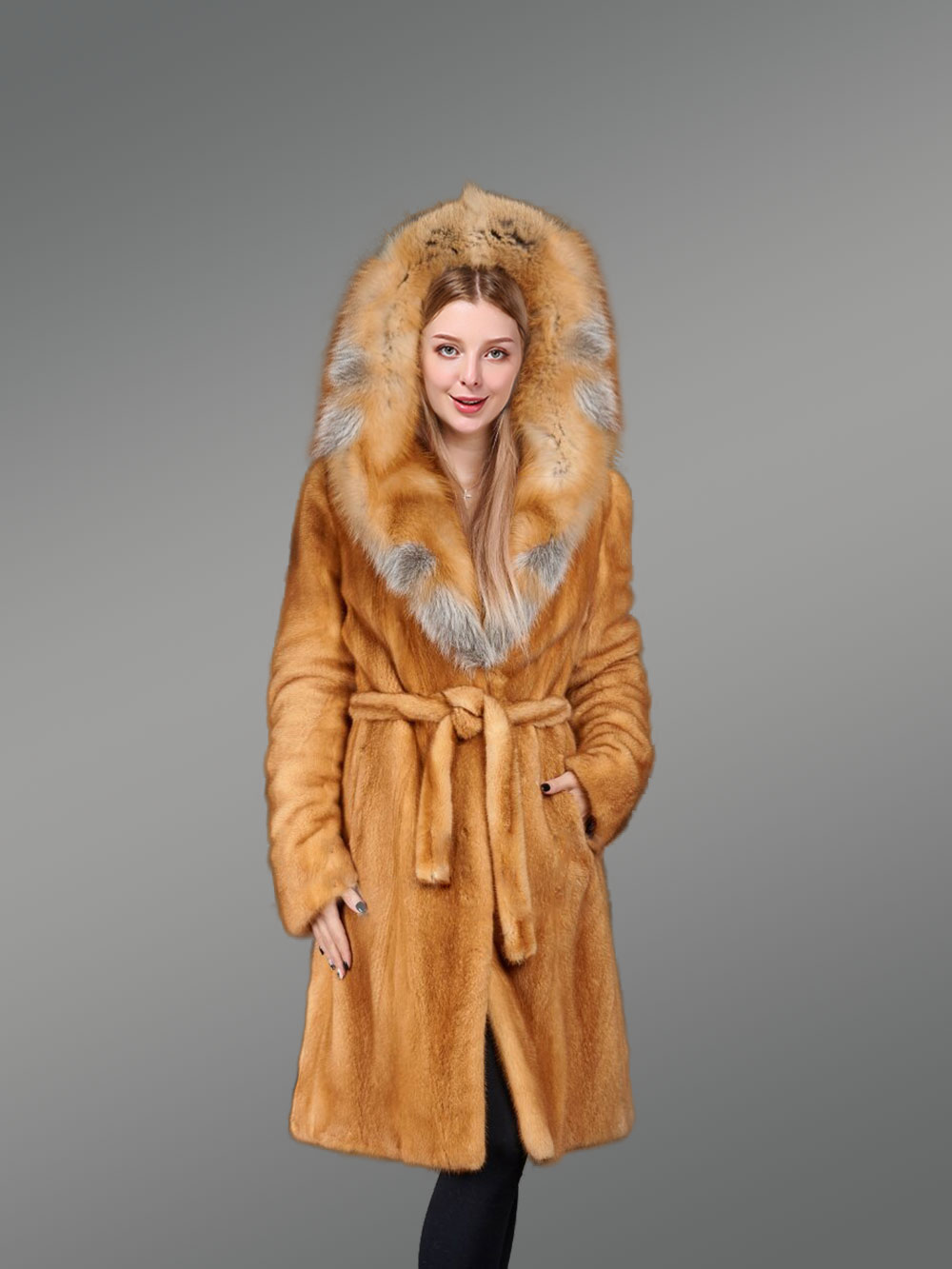 Golden Mink Fur Coat with Fox Fur Trim