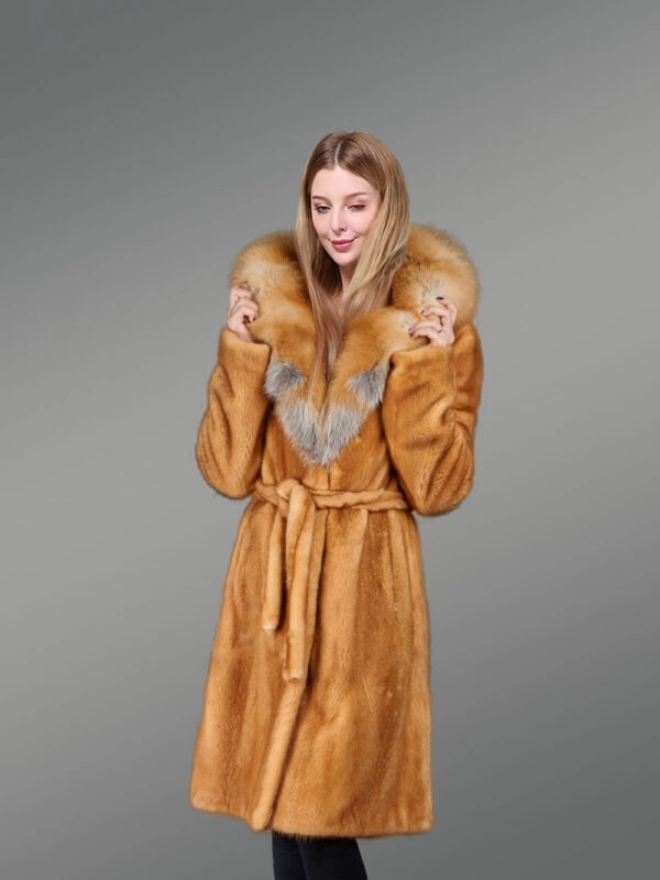 Golden Mink Fur Coat with Fox Fur Trim - Image 2