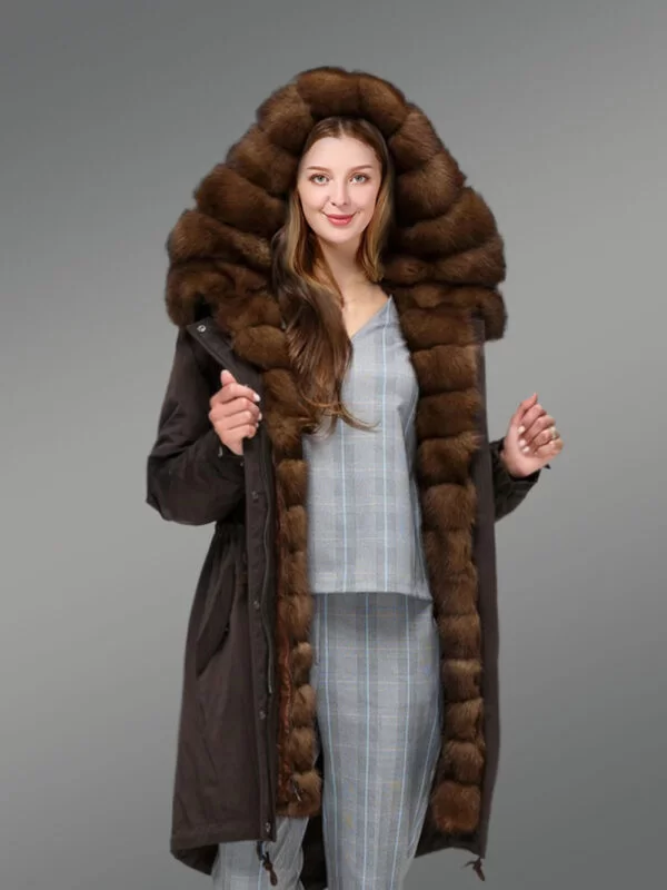 Womens Nylon Parka Coat with Hybrid Convertible Vest With Raccoon Fur Lining