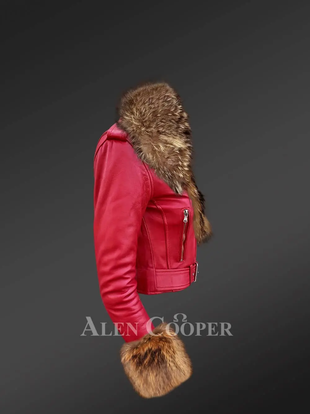 Women’s Authentic Leather Jackets in Burgundy with Removable Fur Collar and Handcuffs - Image 3