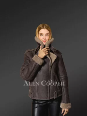 Women’s chic and genuine shearling coats in attractive coffee hue