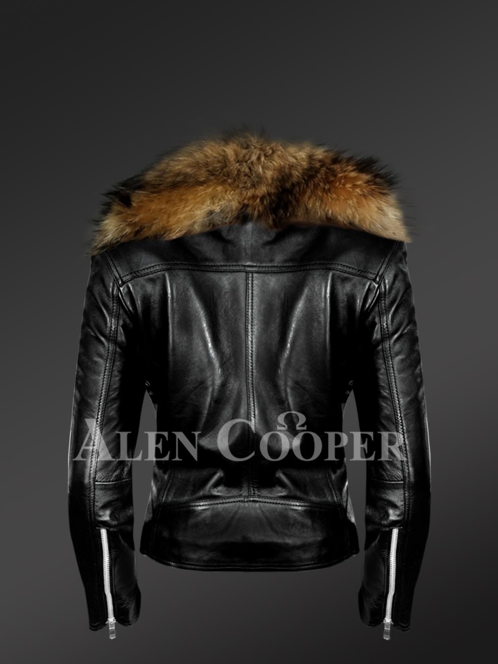 Women’s Chic Black Moto Jacket with Zip-Out Removable Fox Fur Collar - Image 4