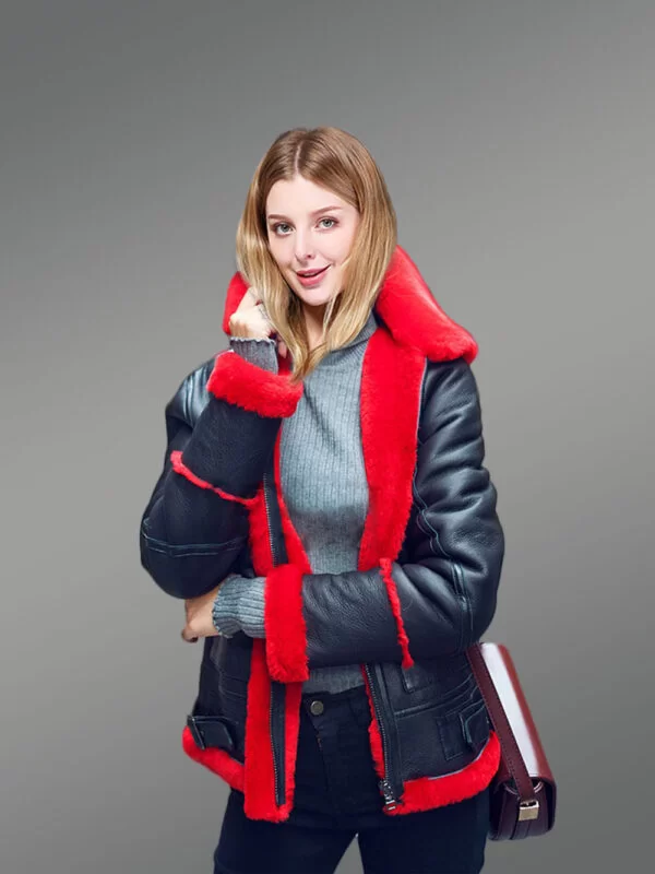 Women’s Chic Black Genuine Shearling Winter Jackets - Image 3