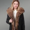 Women’s elegant brown parka with soft raccoon fur hood and long collar