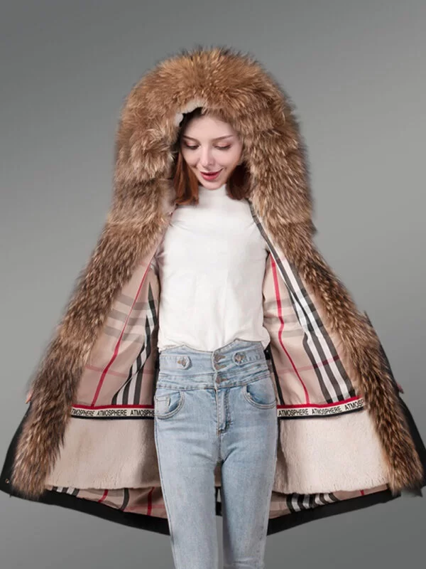 Women’s Elegant Brown Parka with Soft Raccoon Fur Hood and Long Collar - Image 2