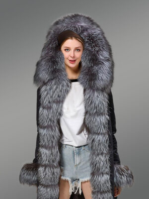 Women’s Fox Fur Hood Parka with Long Fur Collar in Black