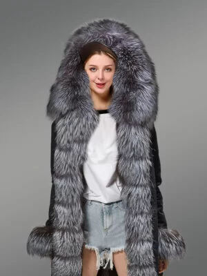 Women’s Fox Fur Hood Parka with Long Fur Collar in Black
