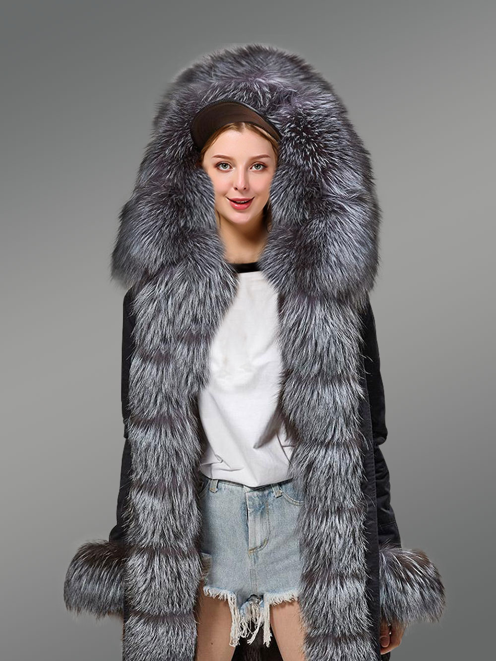 Women’s Fox Fur Hood Parka with Long Fur Collar in Black