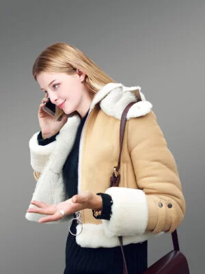Women’s Genuine Shearling Jacket with Contrasting Collar and Handcuffs