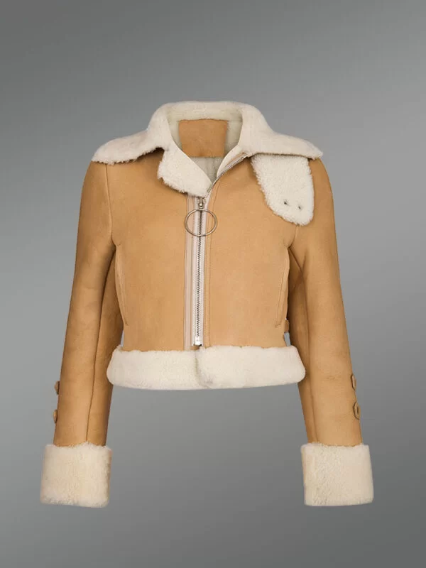 Women’s Genuine Shearling Jacket with Contrasting Collar and Handcuffs - Image 2