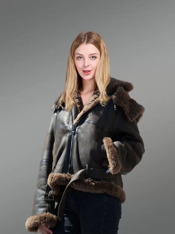 Womens Shearling Jacket in coffee Color - Image 2