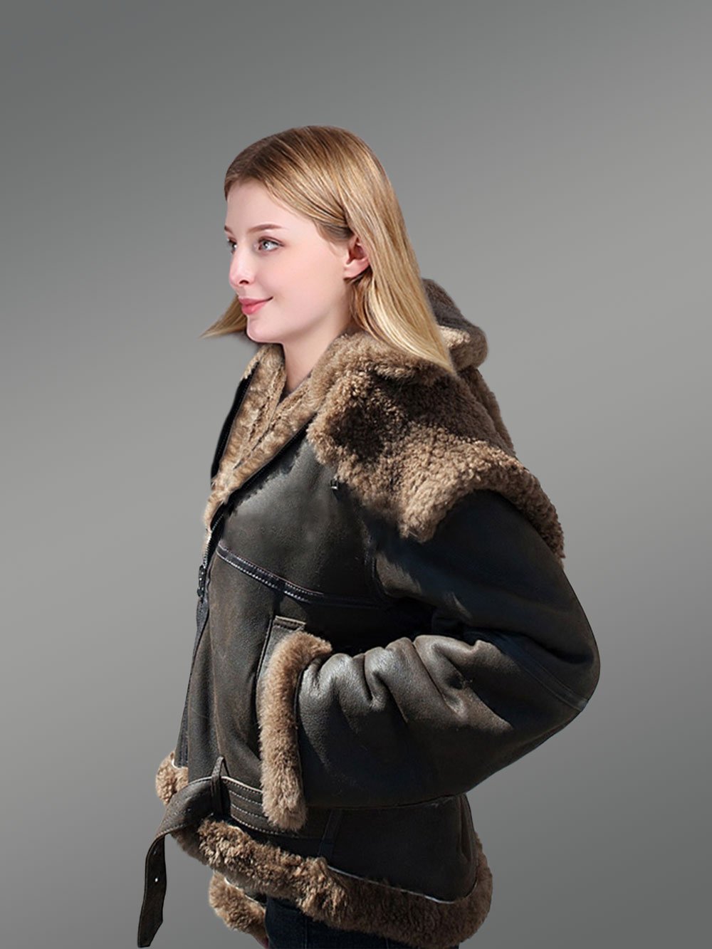 Womens Shearling Jacket in coffee Color - Image 3
