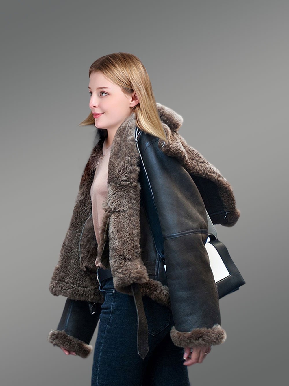 Womens Shearling Jacket in coffee Color - Image 4