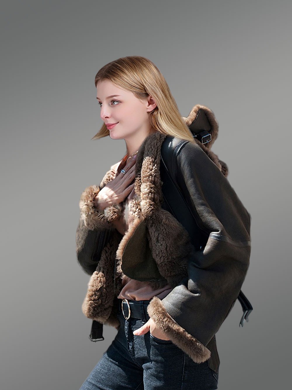 Womens Shearling Jacket in coffee Color - Image 5