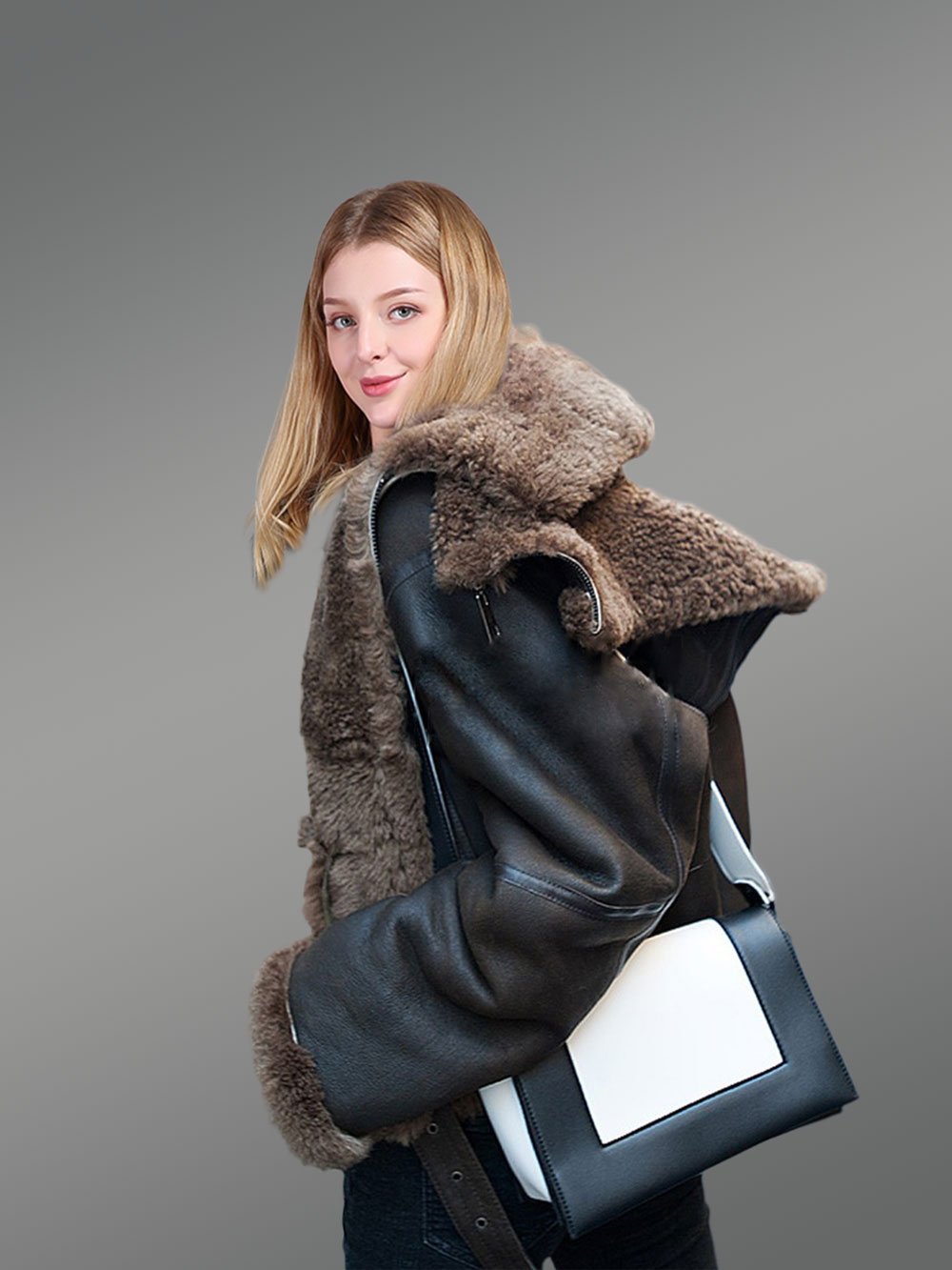 Womens Shearling Jacket in coffee Color - Image 6