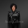 Women’s short length real leather black biker jacket