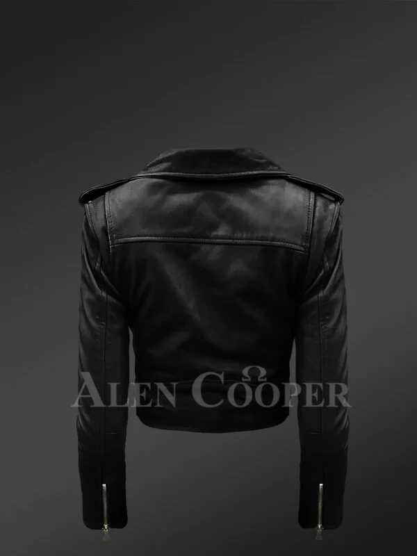 Women’s Short Length Real Leather Black Biker Jacket with Asymmetrical Zipper Closure - Image 4