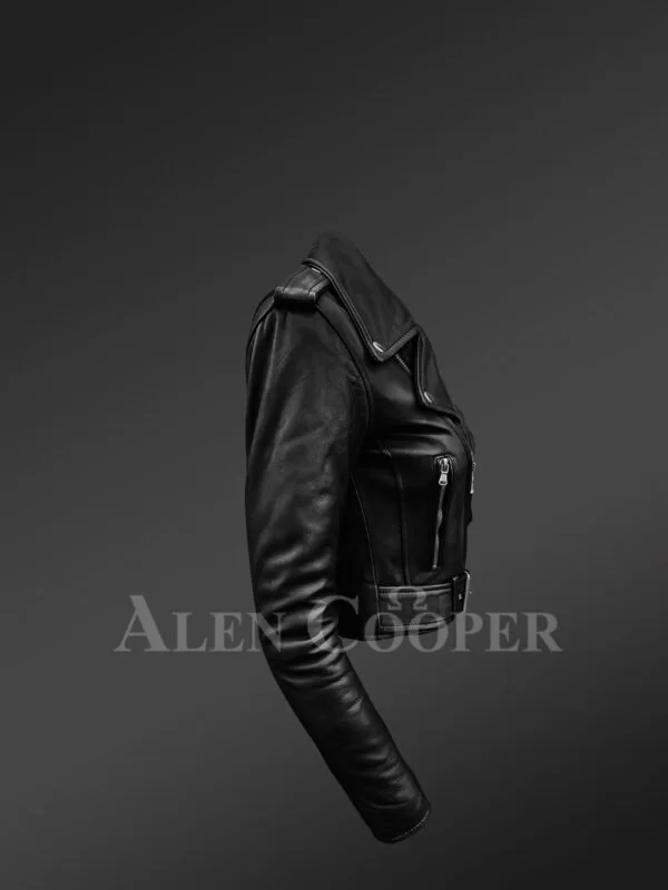 Women’s Short Length Real Leather Black Biker Jacket with Asymmetrical Zipper Closure - Image 3