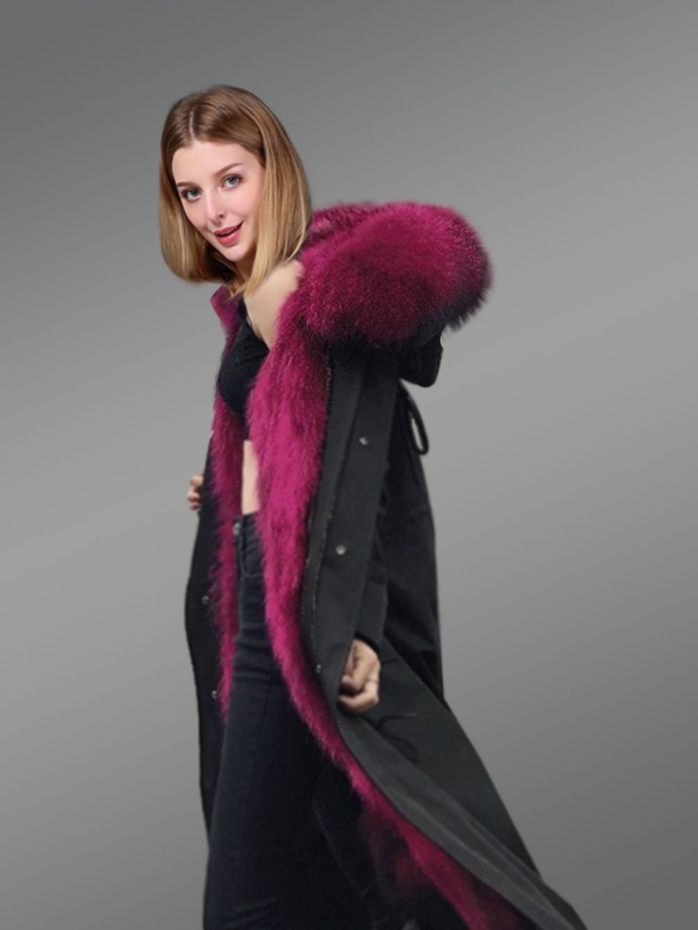 Womens Nylon Parka Coat with Hybrid Convertible Vest with Raccoon Fur Lining - Image 3