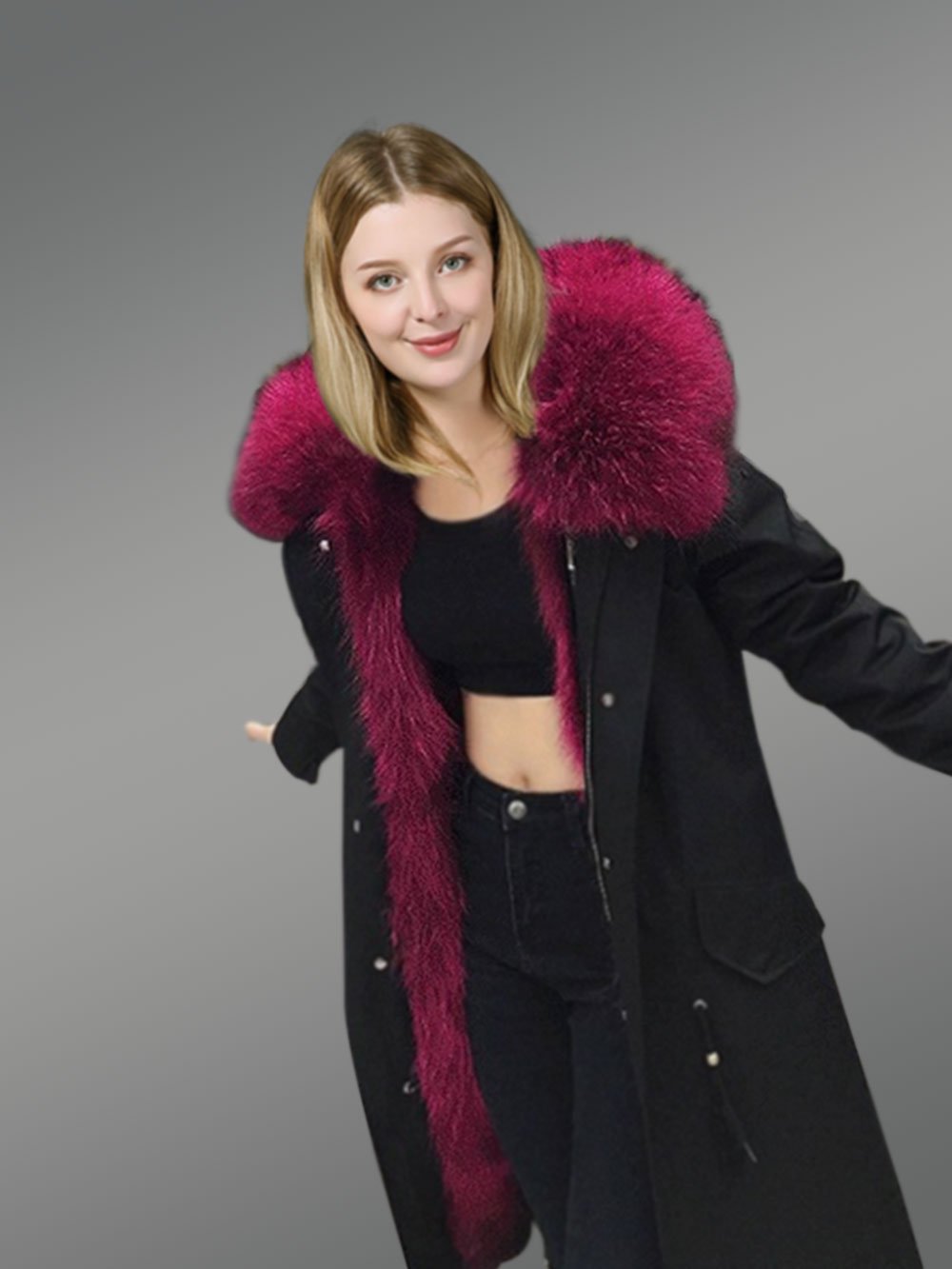 Womens Nylon Parka Coat with Hybrid Convertible Vest with Raccoon Fur Lining - Image 4
