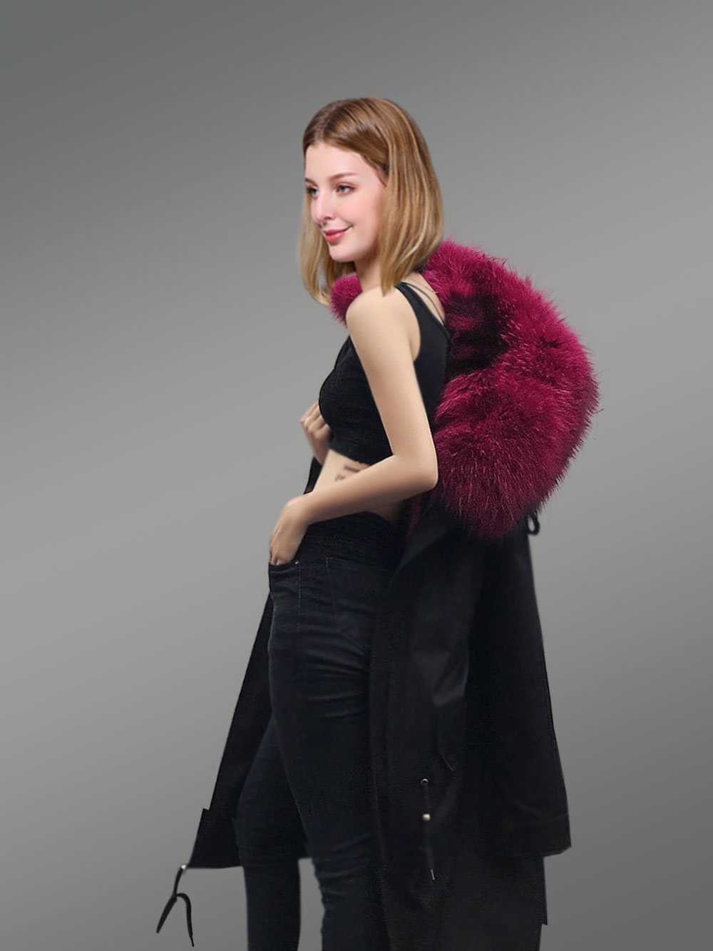 Womens Nylon Parka Coat with Hybrid Convertible Vest with Raccoon Fur Lining - Image 5