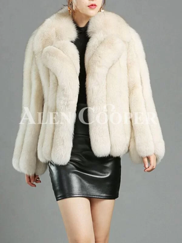 Women's Super Stylish and Luxury Real Fox Fur White Coat - Image 3