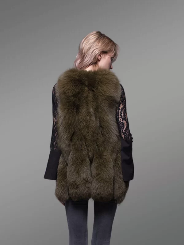 Women’s Super Stylish and Unique Real Fox Fur Winter Vest in Rich Olive - Image 2