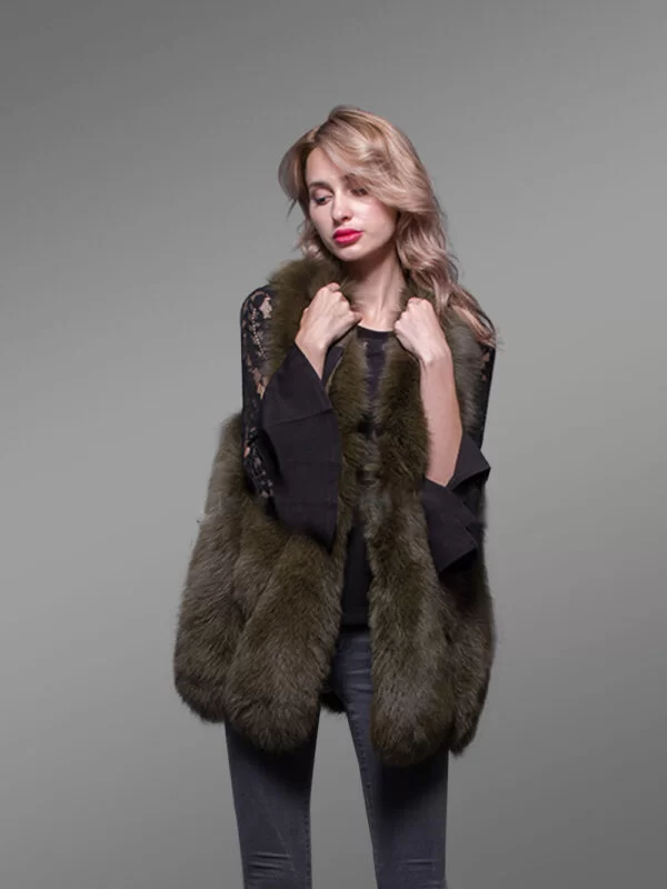 Women’s super stylish and unique real fox fur winter vest in rich olive