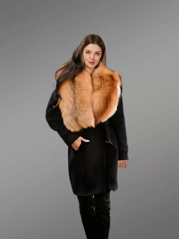 Wool Fur Coat for Women with Red Fox Fur Trim Collar furrik (7)