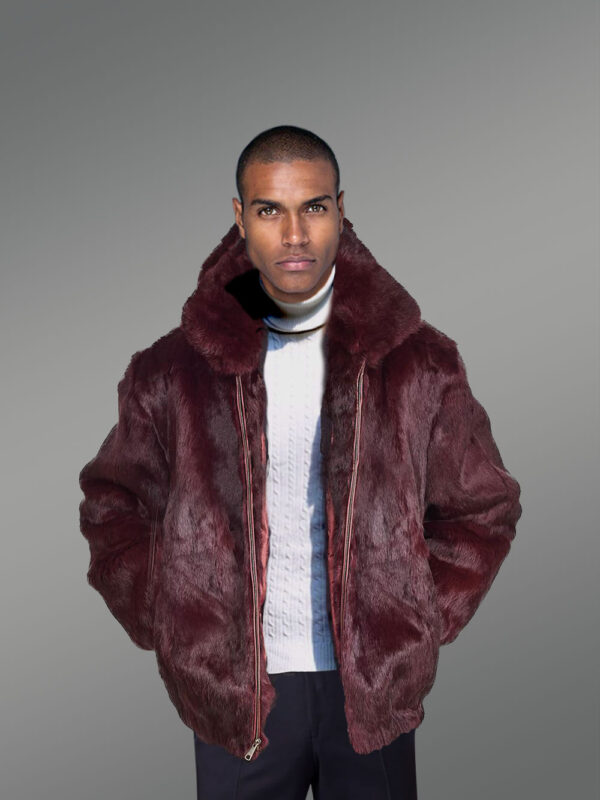 Rabbit Fur Bomber Jacket Men with Detachable Hood - Image 2