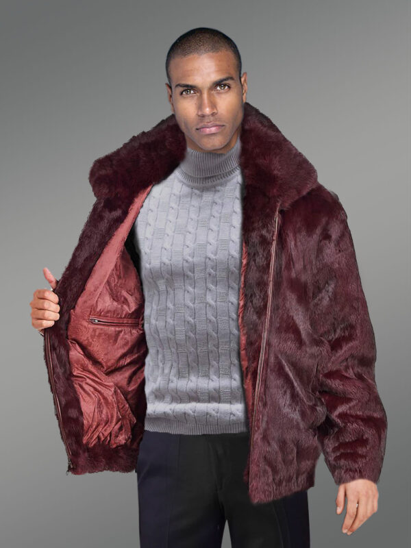 Rabbit Fur Bomber Jacket Men with Detachable Hood - Image 3