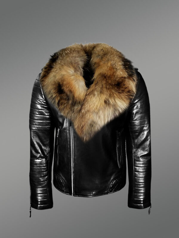 Stunning Real Leather Lapel Collar Biker Jacket with Raccoon Fur Collar for Men