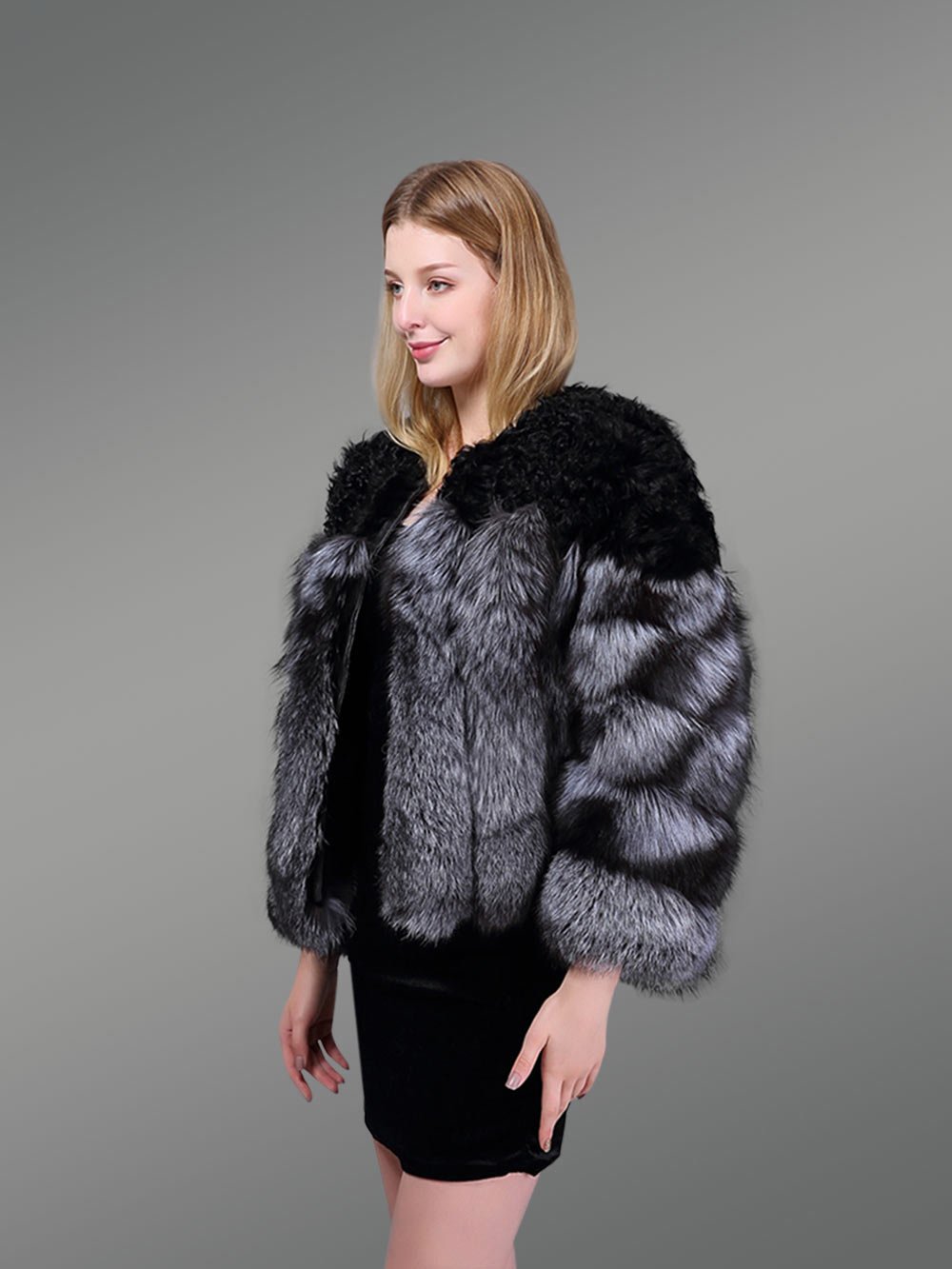 Womens Fox Fur Short Coat With Accentuated Shoulder - Image 4